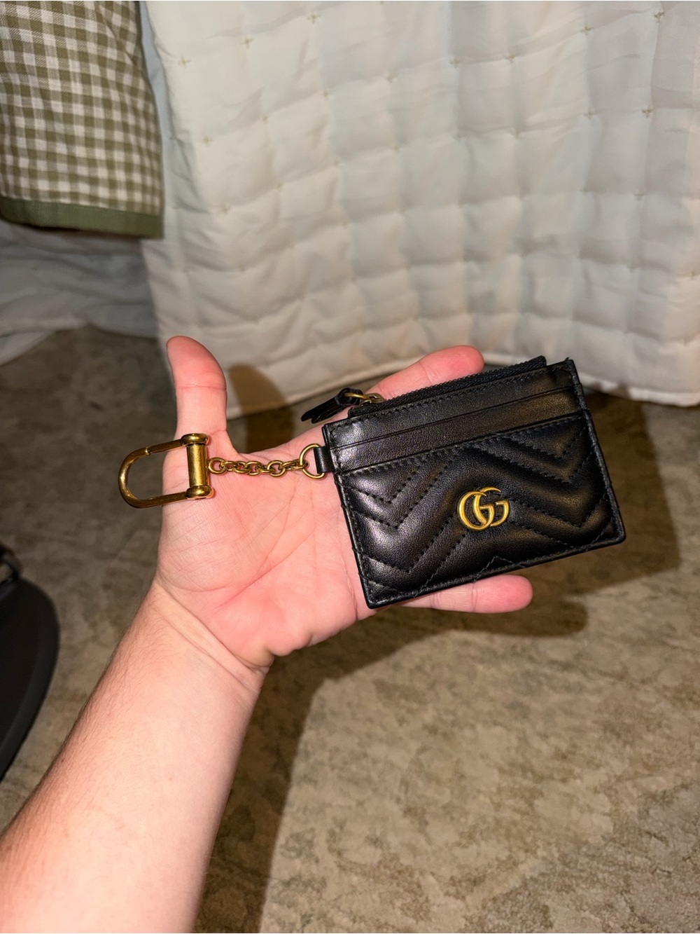 Gucci Black Quilted Leather Card Holder with Gold GG Keychain